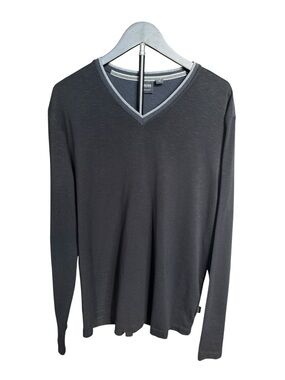 BOSS Hugo Boss V-Neck Long Sleeve Knit Shirt XL Black Gray Quiet Luxury O54